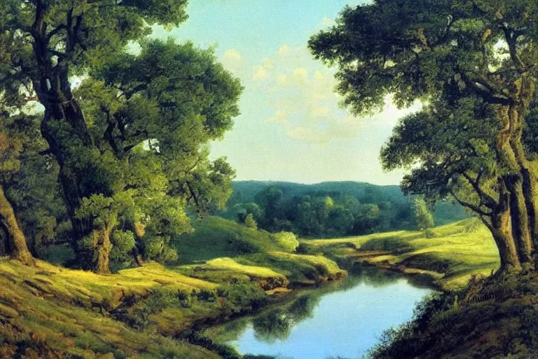 Prompt: masterpiece painting of oak trees on a hillside overlooking a creek, by arkady rylov