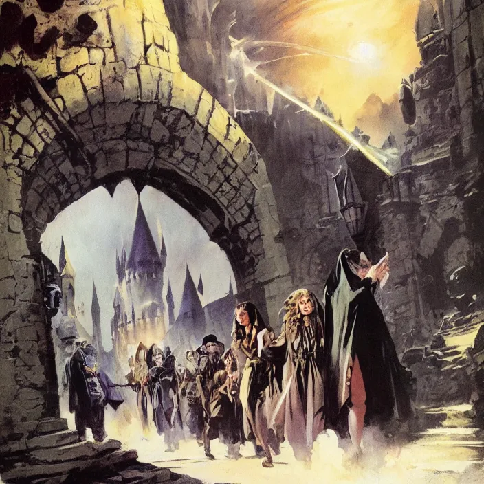 Prompt: female aurors at entrance of hogwarts by frank frazetta