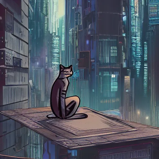 Prompt: Stray cat sitting on a roof watching a cyberpunk futuristic city