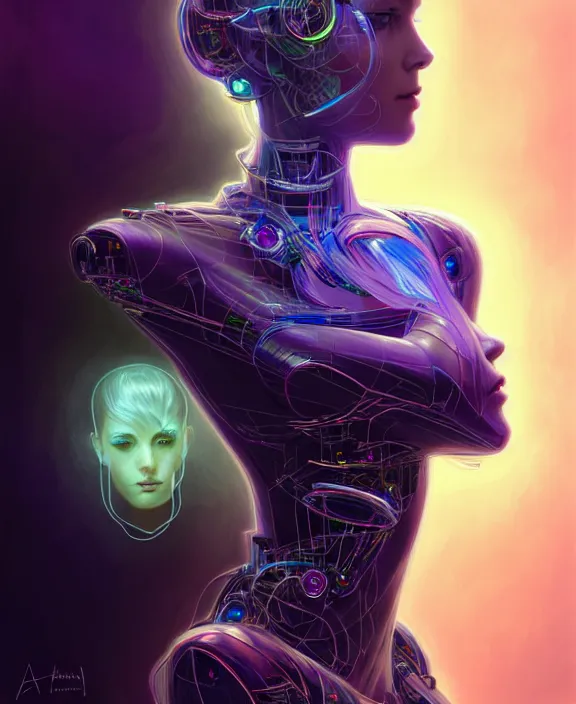 Image similar to a whirlwind of souls rushing inside the metaverse, hologram, half body, neurochip, shaved temple, piercing, jewelry, android, cyborg, cyberpunk face, by loish, d & d, fantasy, intricate, elegant, highly detailed, colorful, digital painting, artstation, concept art, art by artgerm and greg rutkowski and alphonse mucha