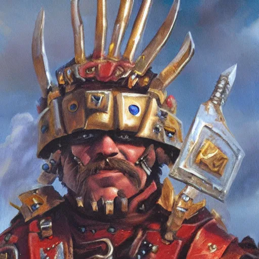 Image similar to a russian warrior who is wearing iron gauntlets in the shape of bear claws in the style of warhammer fantasy : : head and shoulders oil painting