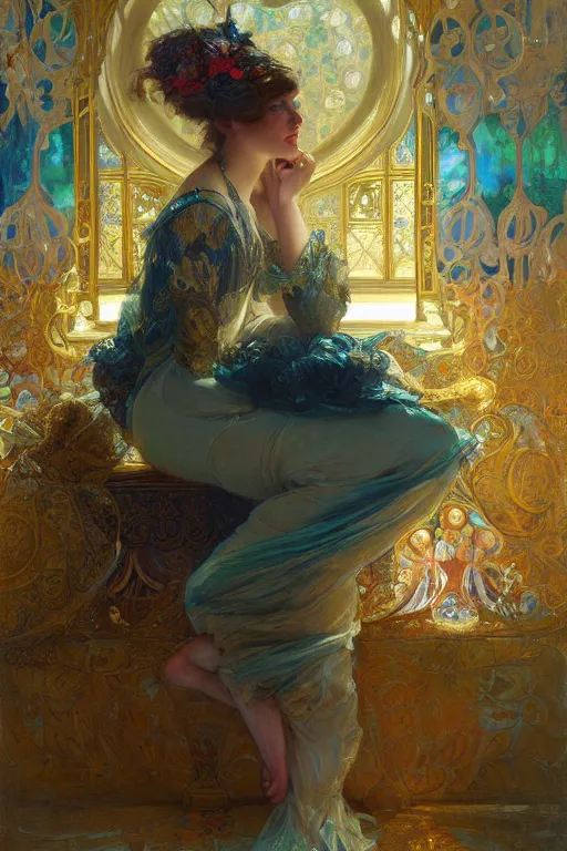 Image similar to an intricate artistic pose painting of a beautiful young victorian lady with an artistic pose, hyper detailed, ornamental gold headpiece, octane render, vivid colors, artstation, by jeremy mann, by alphonse mucha, by boris vallejo