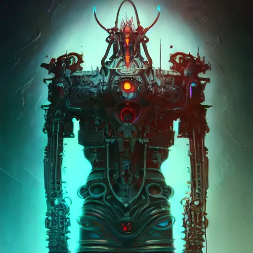 Image similar to portrait of a cybernetic duke of hell, cyberpunk concept art by pete mohrbacher and wlop and artgerm and beksinski and josan gonzalez and syd mead and giger, digital art, highly detailed, intricate, sci-fi, sharp focus, Trending on Artstation HQ, deviantart, volumetric lighting, unreal engine 5, 4K UHD image