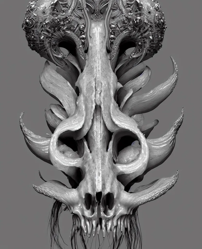 Image similar to goddess princess face close-up portrait ram skull. hard surface sculpting zbrush. jellyfish phoenix head, nautilus, orchid, skull, betta fish, bioluminiscent creatures, intricate artwork by Tooth Wu and wlop and beeple. octane render, trending on artstation, greg rutkowski very coherent symmetrical artwork. cinematic, hyper realism, high detail, octane render, 8k