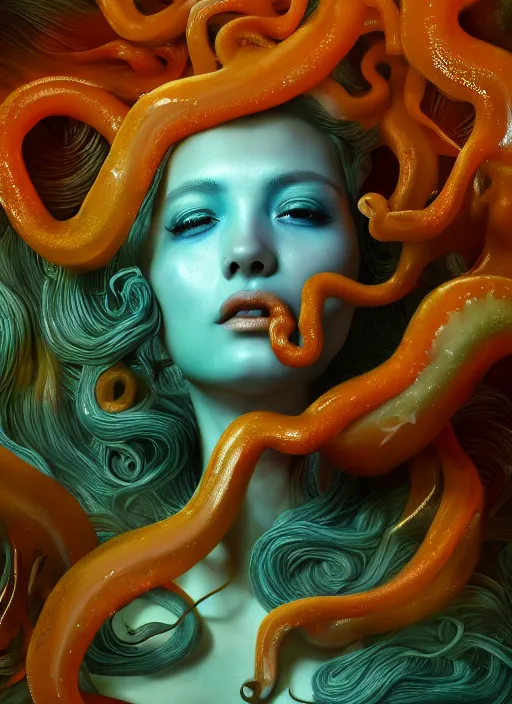 Image similar to subsurface scattering, medusa made of soft wax, cgsociety, translucent, organic squid and ceramic art nouveau swirls, golden orbs, colored smoke, in the style of alberto seveso and ruan jia and beeple and giger, mystical colors, back light, rim light, dramatic lighting, 8 k, stunning scene, raytracing, octane render