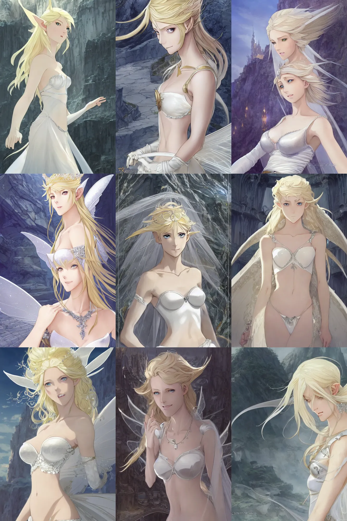 Prompt: Worksafe. Dramatic, cinematic, epic. Fantasy, fairytale. Close-up heavenly gentle blonde elven sorceress fairy princess goddess queen,wearing white luxury bridal bra and jewelry, expressing joy, at huge silver marble palace. By krenz cushart, makoto shinkai and pixiv. Accurately shaped manga face. A very clean image. Bold contour inklines. High contrast and gentle colors.