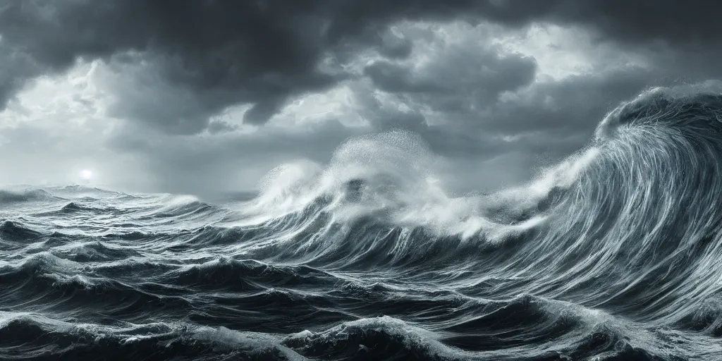 Image similar to detailed large waves. deep sea, layers, very detailed super storm, hyper realistic, impressive, very atmospheric, god ray, cinematic, deep, very high complexity, stunning, masterpiece, weather photography, very detailed. 4 k