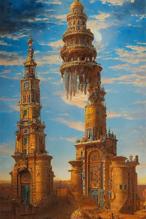 Image similar to glorious painted tower of the sun and stars by Ludwig Deutsch and Rudolf Ernst and tyler edlin, dramatic cinematic lighting , beautiful colorful tilework, ornate architecture, smooth, sharp focus, extremely detailed