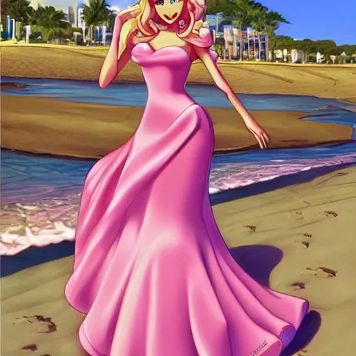 Prompt: beautiful princess peach in a skintight pink satin prom dress on the beach drawn by artgerm