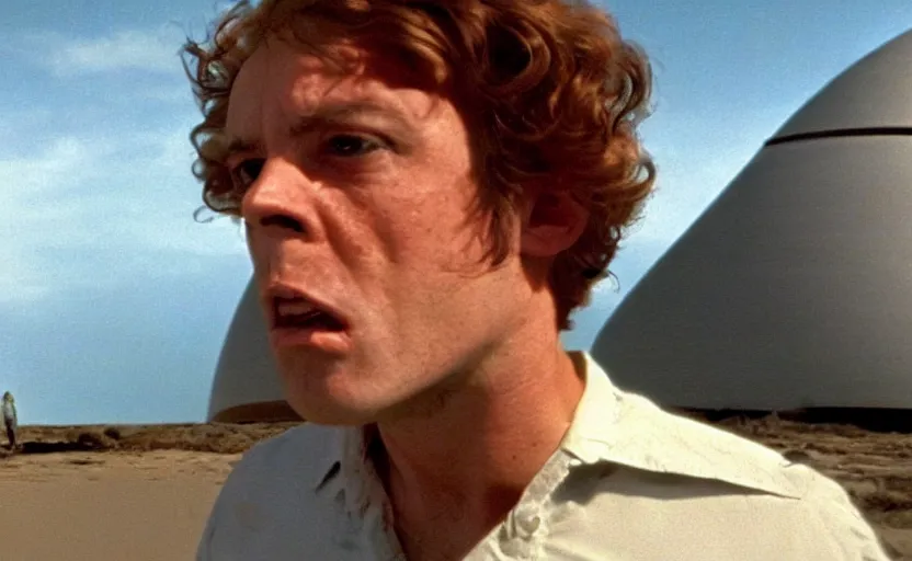 Image similar to screenshot of Julian Moore in 2001 Space Oddyssey (1968) by Stanley Kubrick, 4k still frame, windy hair, cinematic lighting, stunning cinematography, hyper detailed scene, anamorphic lenses, kodak color film stock