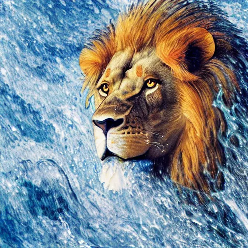 Image similar to a male lion's face breaching through a wall of water, water sprites, splashing, deep blue water color, highly detailed