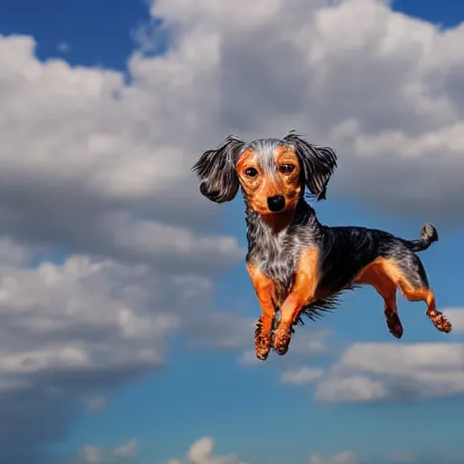 Prompt: elderly light gray wire-haired dachshund with long hair floating in heaven, jumping through blue sky, white clouds