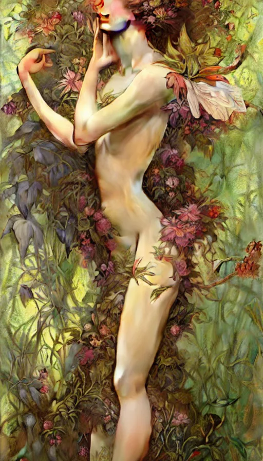 Prompt: hyper realistic weed fairy, plants covering her full body painted by valerie hammond, tom bagshaw, mucha, gaston bussiere, craig mullins, j. c. leyendecker 8 k