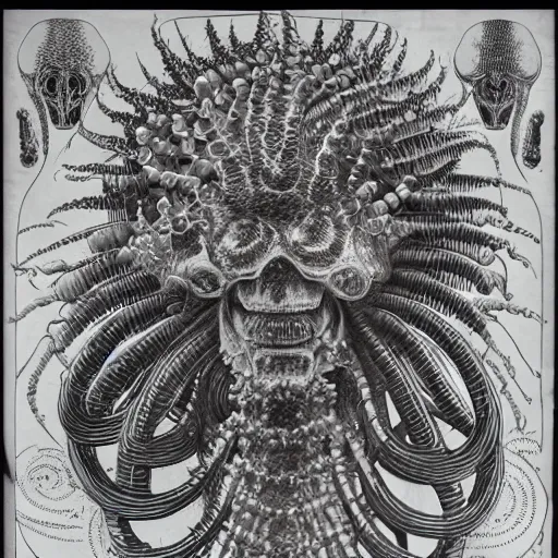 Image similar to Artwork by Ernst Haeckel of The Chitine King Hian the Demigod, master of Ice, and their hateful haunting of steam mephits and horrifying balors, who plan to take revenge on the party for a perceived wrong done to them long ago.