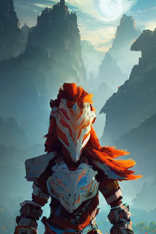 Image similar to combination suit armor aloy horizon forbidden west horizon zero dawn radiating a glowing aura global illumination ray tracing hdr fanart arstation by ian pesty and alena aenami artworks in 4 k tribal robot ninja mask helmet backpack