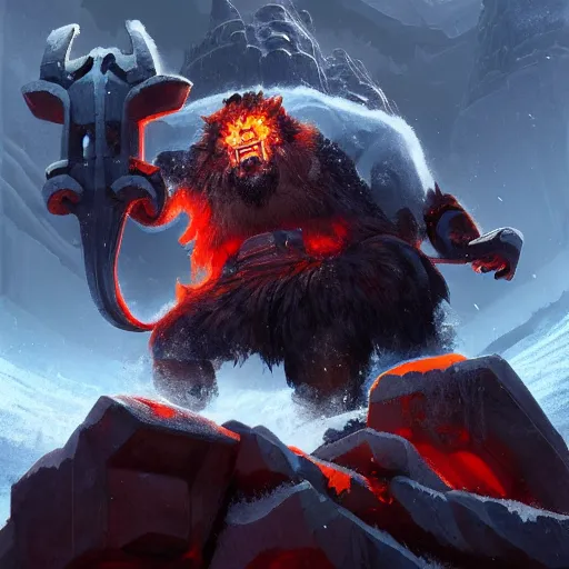 Prompt: ornn with beard the molten god ram of forge with his anvil in the ice world by greg rutkowski