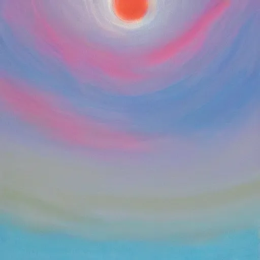 Prompt: a masterpiece painting of a blue sky with puffy white clouds and a dayglo pink dot in the center