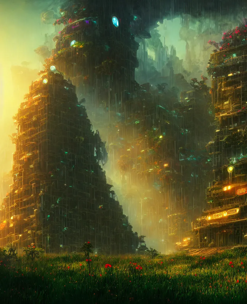 Prompt: building by albert bierstadt, anime cgsociety rainforest junglepunk elysian flowers nature bioshock at dawn at dusk meadow tron matte painting studio ghibli alien futuristic cosmic poppy wilderness fantasy liberty city bladerunner 2 0 4 9 fisheye azeroth, archdaily, wallpaper, highly detailed, trending on artstation.