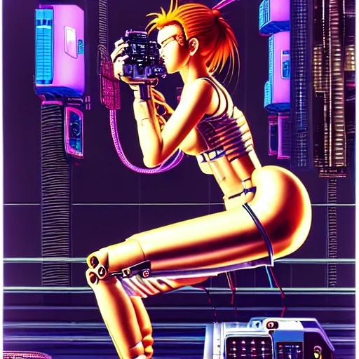 Prompt: a detailed airbrush cyberpunk illustration of a female android seated on the floor in a tech labor, seen from the side with her body open showing cables and wires coming out, by masamune shirow, hajime sorayama, boris vallejo and katsuhiro otomo, japan, 1980s, dark, colorful