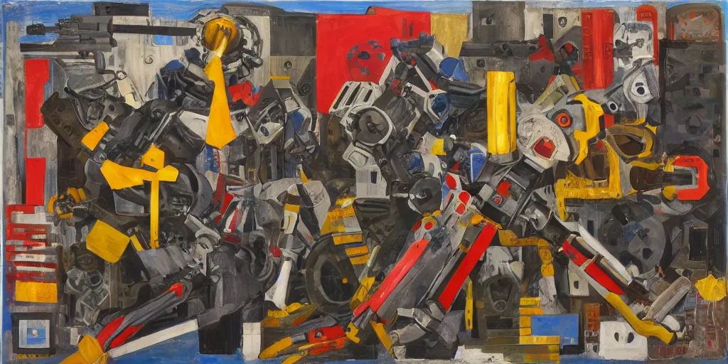 Prompt: Still life of a combat mech surrounded by its weapons, inspired by Jasper Johns