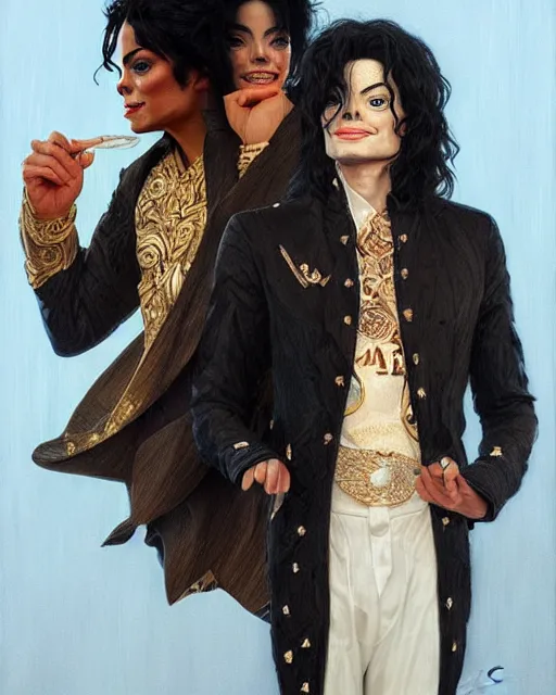 Prompt: Portrait of Michael Jackson & Michael Mcintyre in Ibiza,real life skin, intricate, elegant, highly detailed, artstation, concept art, smooth, sharp focus, art by artgerm and greg rutkowski and alphonse mucha