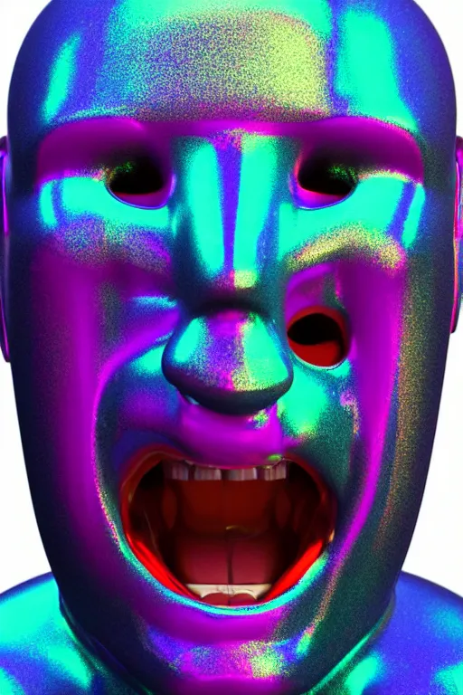 Image similar to 3d render of holographic angry human robotic screaming angry bust made of glossy iridescent, screaming, bust, surrealistic 3d illustration of a human non-binary, non binary model, 3d model human, cryengine, made of holographic texture, holographic material, holographic rainbow, concept of cyborg and artificial intelligence
