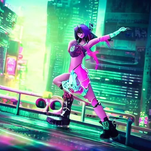 Prompt: a girl like (jinx, Princess peach), dancing, background cyberpunk city, kpop, fullshot, photo, raytrayced, octane render,volumetric lighting, epic composition, intricate details, dark neon punk, by KDA