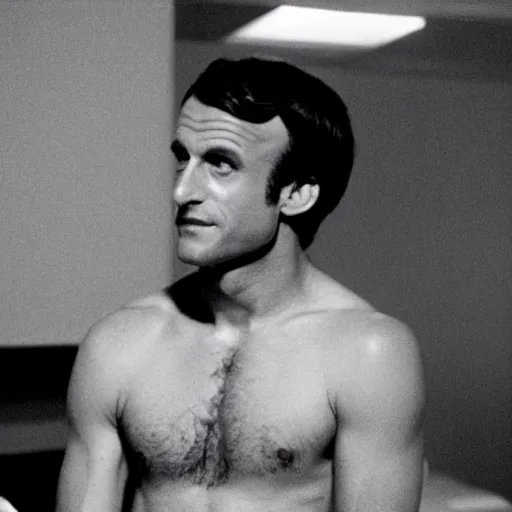 Prompt: Emmanuel Macron shirtless in American Psycho (1999)