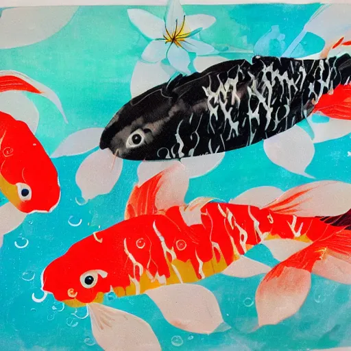 Prompt: some koi carp, swimming in a pool, ink, acrylics, collage, style of lily greenwood