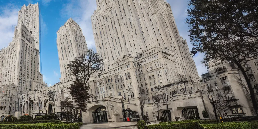 Prompt: outside the waldorf astoria main entrance, wide angle lens, high quality, architectural photoshoot