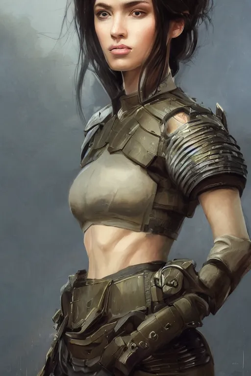 Image similar to a professionally painted portrait of an attractive young woman, clothed in military armor, olive skin, long dark hair, beautiful bone structure, symmetrical facial features, intricate, elegant, digital painting, trending on Artstation, concept art, smooth, sharp focus, illustration, from Metal Gear by Ruan Jia and Mandy Jurgens and Artgerm and William-Adolphe Bouguerea, award winning