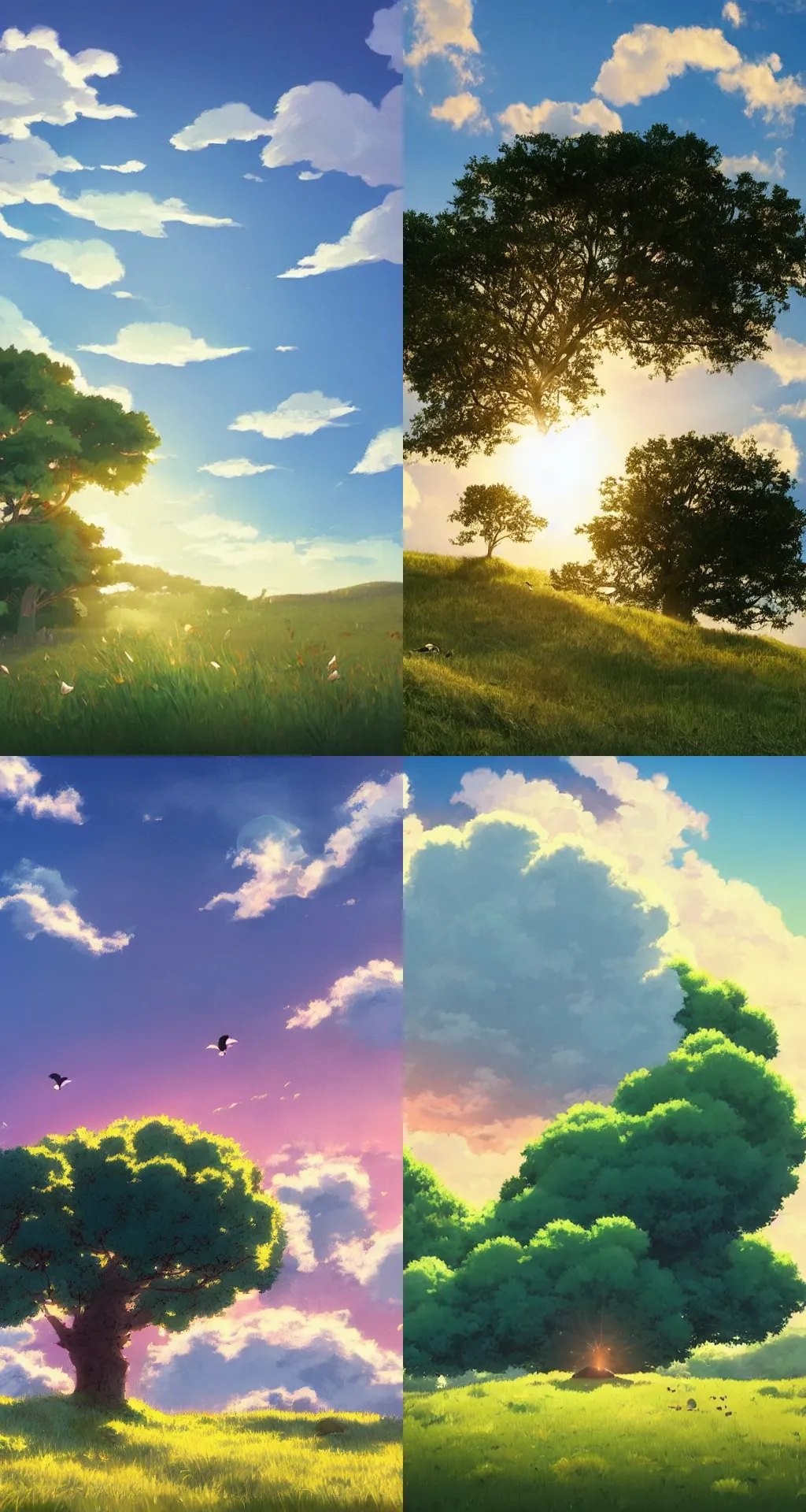 Prompt: a gigantic fluffly cloud at sunset over a grassy hill with a gentle breeze in the style of studio ghibli, flock of white birds in the sky, a single great oak, discreet lensflare, by makoto shinkai