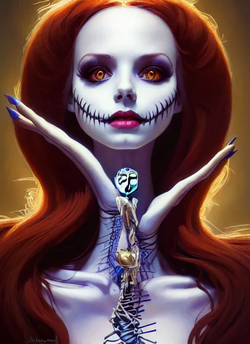 Image similar to portrait of sally from the nightmare before christmas, intricate, elegant, highly detailed, my rendition, digital painting, artstation, concept art, smooth, sharp focus, illustration, art by artgerm and greg rutkowski and alphonse mucha and uang guangjian and gil elvgren and sachin teng, symmetry!!