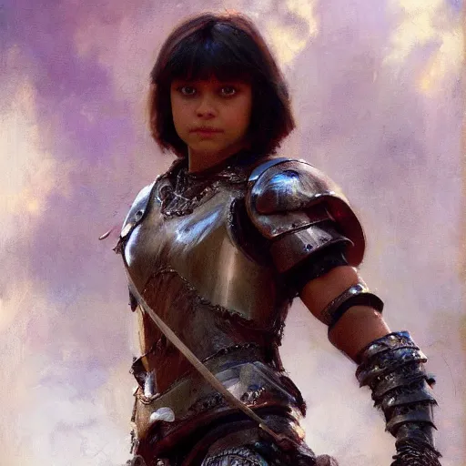 Image similar to close up of dora the explorer wearing leather armor, cinematographic shot, by daniel f. gerhartz