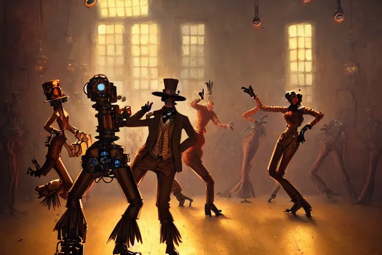 Prompt: steampunk robots expressively dancing on the dance floor by otto dix and greg rutkowski and andreas rocha, cinematic lighting, highly detailed, warm colours, 4 k