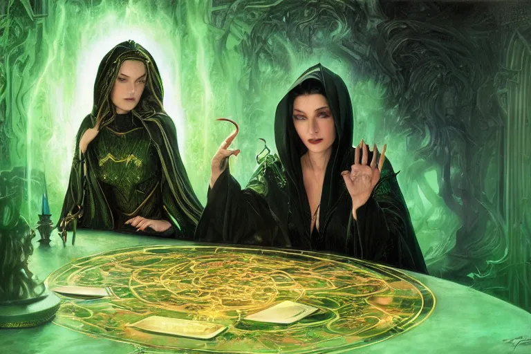 Prompt: a beautiful sorceress wearing a black robe with gold embroidery, sitting at table, casting a spell, green glows, painted by donato giancola and artgerm and tom bagshaw, in the style of magic the gathering, highly detailed digital art