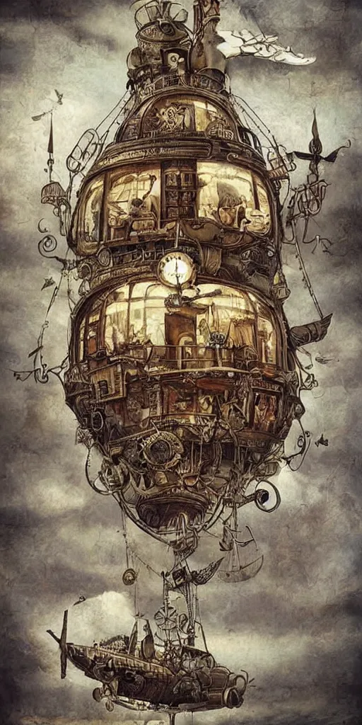 Prompt: a vintage steampunk living airship by alexander jansson and where's waldo