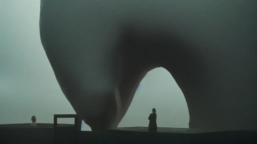 Image similar to the giant nose in the restaurant, made of water, film still from the movie directed by Denis Villeneuve with art direction by Zdzisław Beksiński, wide lens