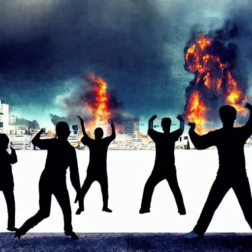 Image similar to realistic picture, post apocalyptic city on fire in the background, group of people practicing tai chi in the foreground