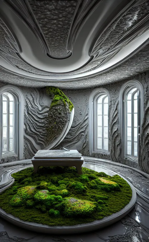 Image similar to highly detailed ultra sharp 3 d render villa interior cinematic composition of a smooth ceramic porcelain biomorphic magnolia stone nebula fluid fractal sci - fi surreal architecture landscape, granite, metallic, magnesium, marble, moss and lichen, vincent callebaut composition, mamou - mani, archviz, beautiful lighting, 8 k, unreal engine, hdr,