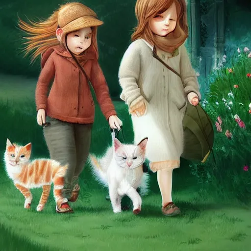 Prompt: two calico cats walking together outside on a beautiful day, cute storybook illustration, trending on artstation, cgsociety, beautiful painting