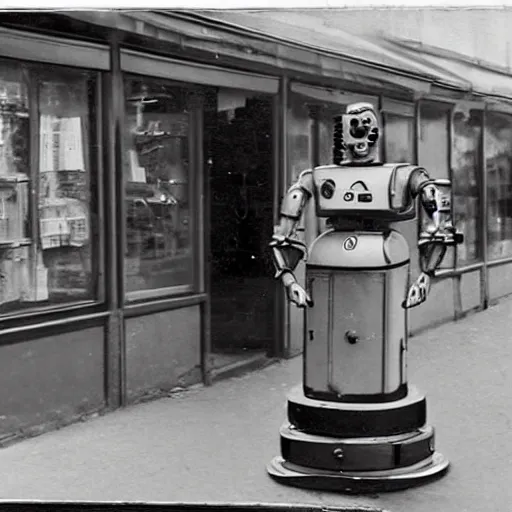 Image similar to photo of the first russian robot policeman guarding a vodka store, babushkas visible in the background