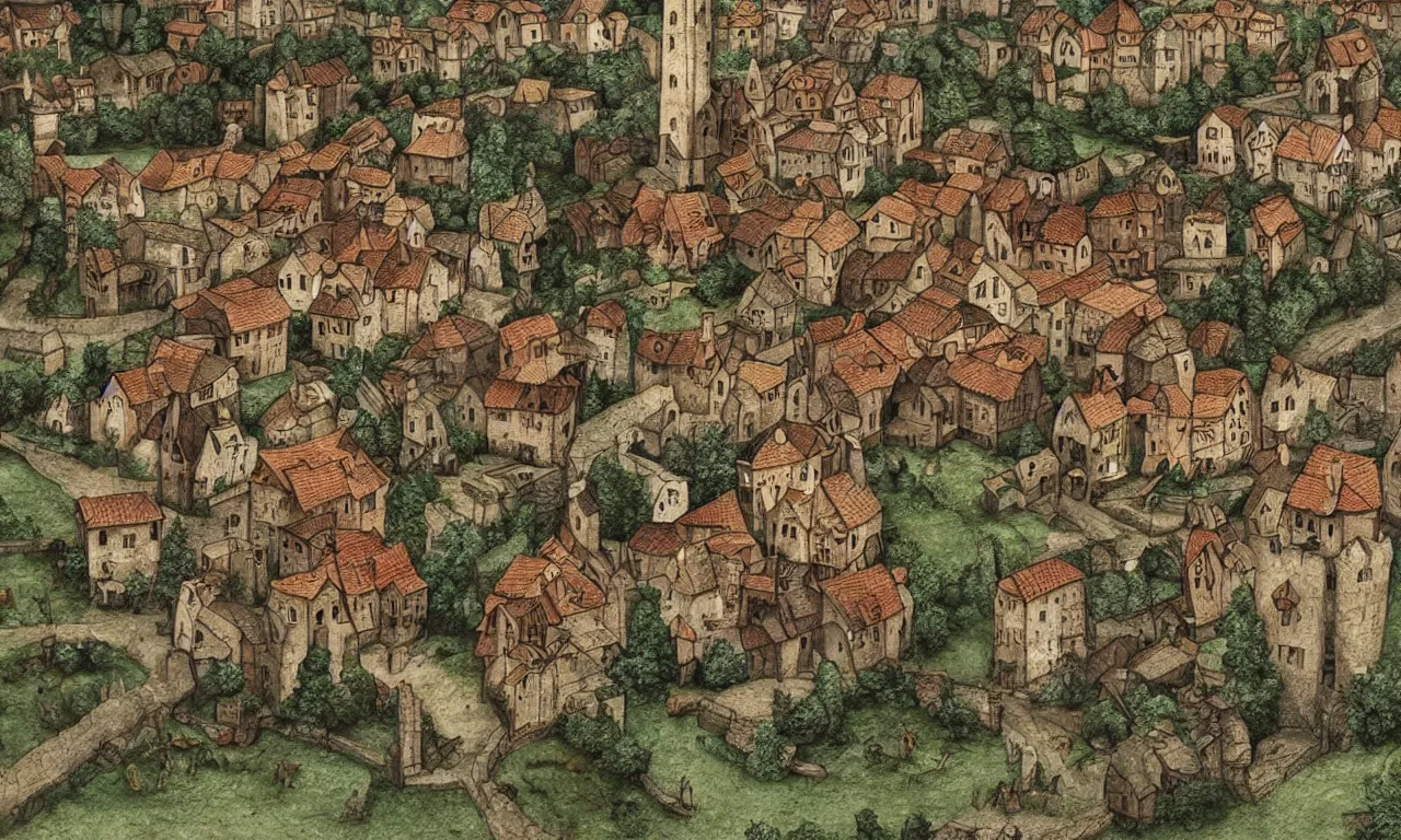 Image similar to beautiful medieval village diorama, high detailed drawing, digital art