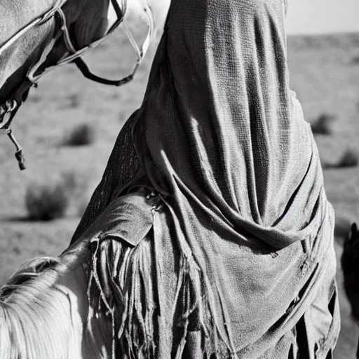 Image similar to beautiful burqa's woman, ride horse in saharan, dress like taliban, sharp eyes, detailed face, white skin, beautiful tatted hands, riffle on chest, detailed horse, detailed sit position, dust, cinematic, dynamic pose, pinterest