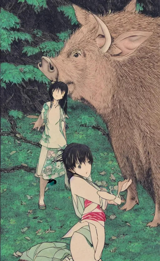 Prompt: by akio watanabe, manga art, a boar is curios about a girl in the forest, trading card front, kimono, realistic anatomy, sun in the background