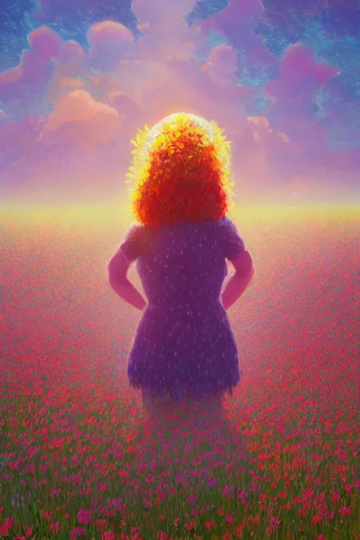 Image similar to girl with flower as a face, flower dress, standing in a flower field, big trees, sunrise dramatic light, impressionist painting, colorful clouds, digital painting, pointillism, artstation, simon stalenhag