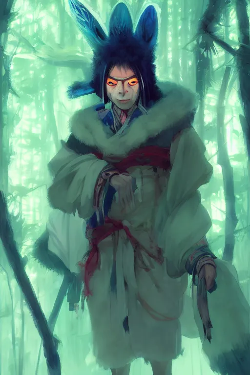 Prompt: Portrait of yokai shaman king, japan, in neon forest, digital art from artstation by Ruan Jia and Mandy Jurgens and Artgerm and Andreas Rocha and Greg Rutkowski