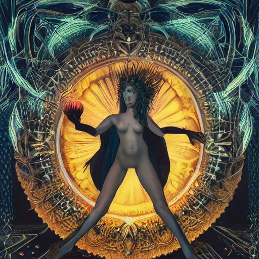 Image similar to a highly detailed occult painting of a witch pointing up, cenobyte, hexglow, contracept, wildcards, denizens, matte painting, glowing eyes, felipe pantone, pascal blanche, pascal blanche, mohrbacher, blanche, and across the face portrait, an expansive view of the sun, intricate details, epic, dramatic, cinematic lighting, hyperrealistic, skeletal, elaborate, furniture, dreamy, machine, robot, cardboard, dark, inception, cinematic lighting, surrealism style, magical, Occult, alchemy, Rene Magritte, Raphael Hopper, muted colors, soft tones, pastel colors, ornate, in the dnd art style on album cover, unreal