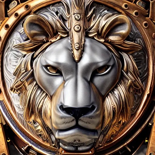 Prompt: A steampunk lion portrait made of engraved full plate armor and gears, Macro shot by Justin Gerard, unreal engine, physically based rendering