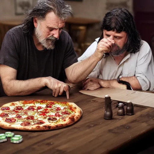 Prompt: a grumpy old danish man with long black hair eating pizza while DMing an AD&D game, D&D, rogue, dark hair, skinny, middle aged, D&D dice on table, papers on table, character sheets on table